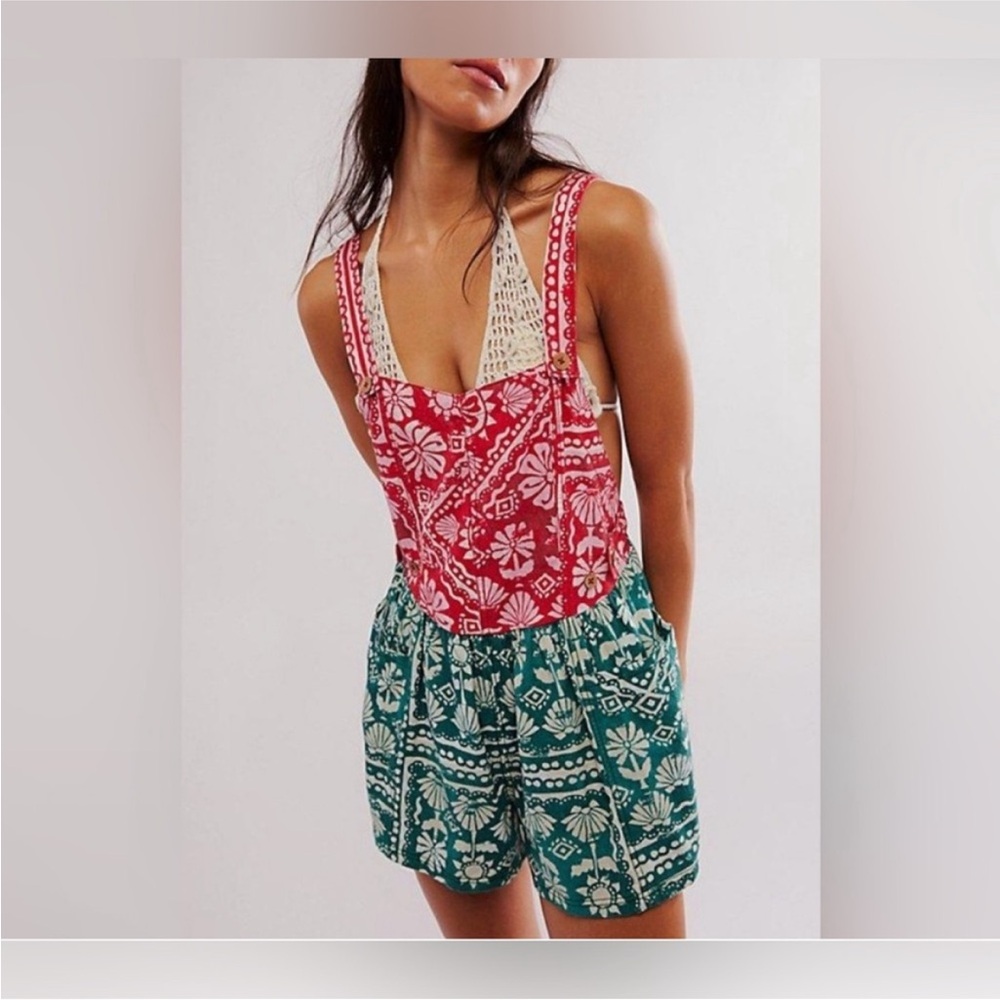 Free People Red and Green Floral Jumpsuit